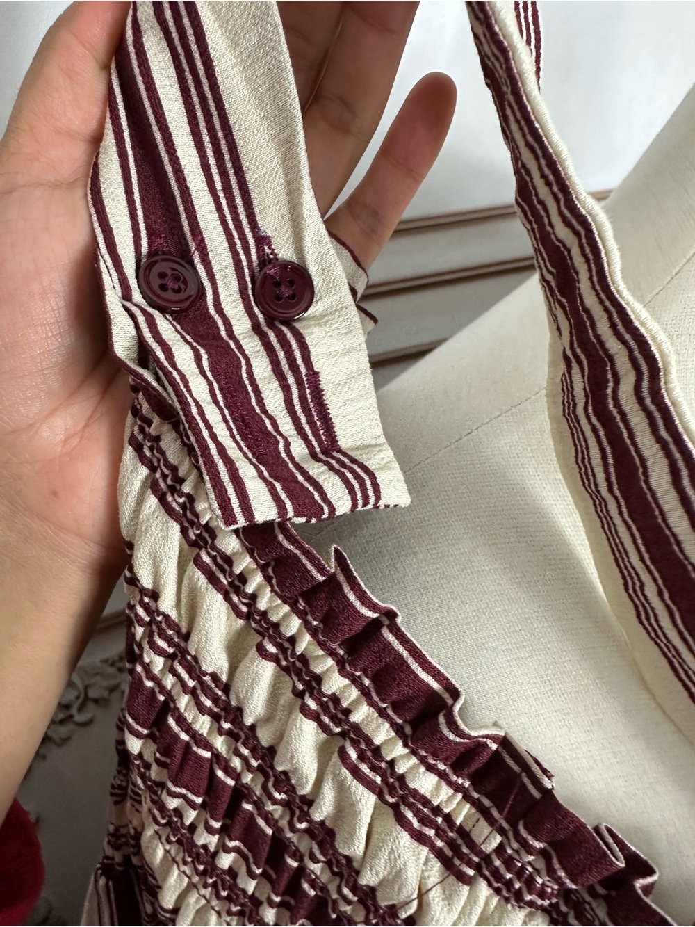 Terra & Sky Striped Smocked Maxi Dress - Cream & Burgundy - Picture 5 of 12